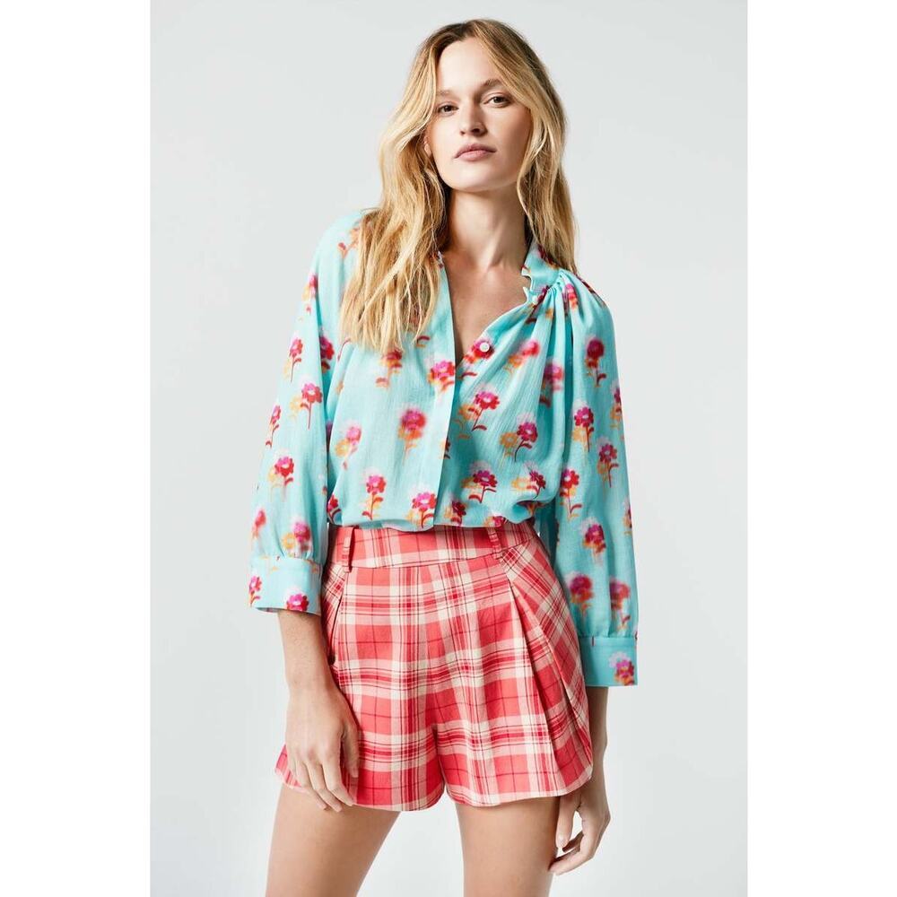SMYTHE Pleated Shorts Luxury Tailored 100% Cotton Watermelon Plaid Women's Sz. 4